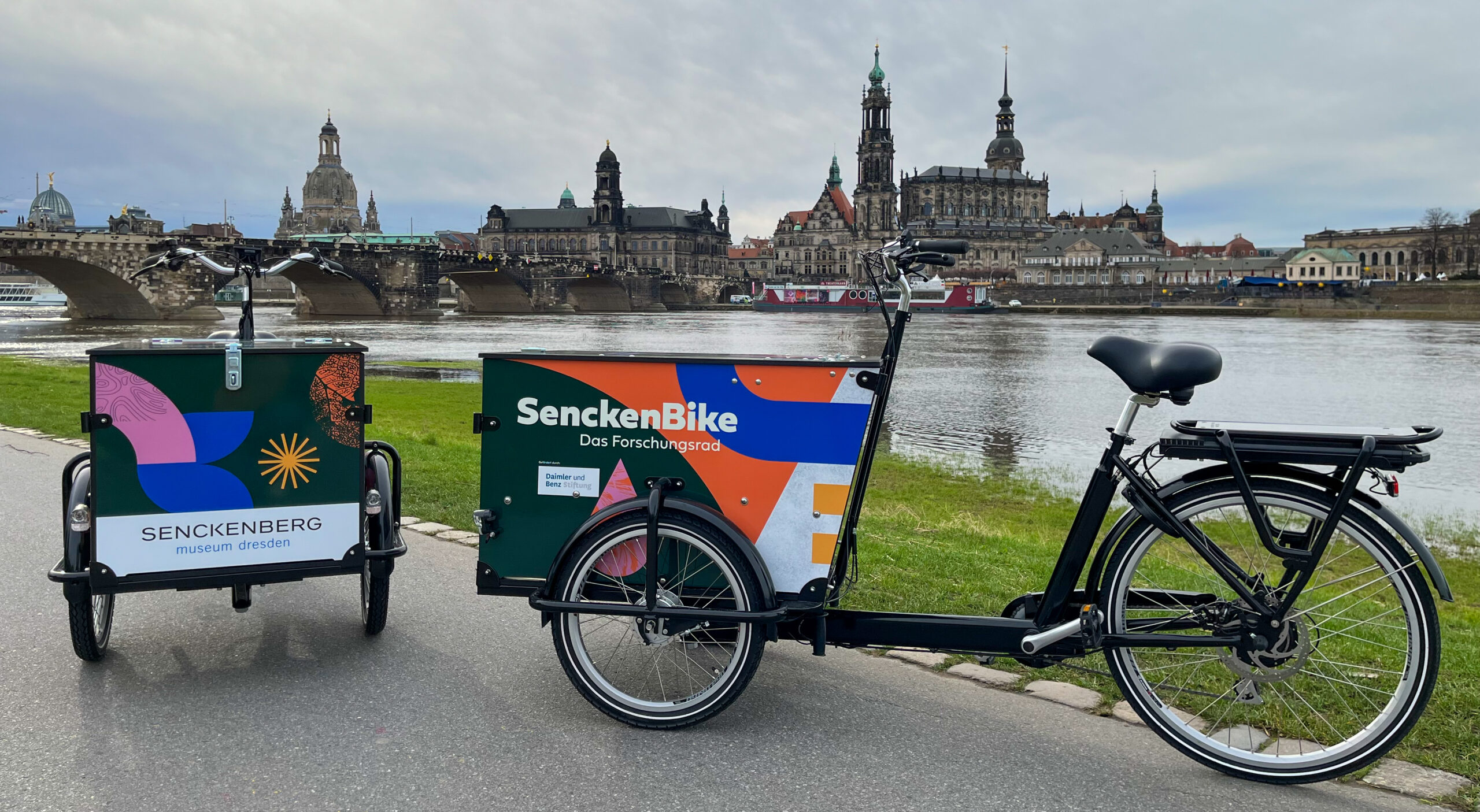 Zwei Lastenräder mit der Aufschrift SenckenBike - das Forschungsrad an den Dresdner Elbwiesen.